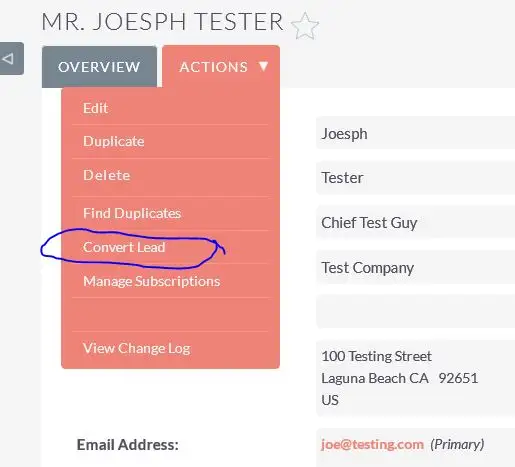SuiteCRM screenshot: Converting a Lead into a Contact or Account — step 2