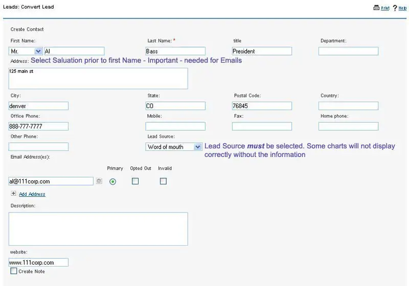 SuiteCRM screenshot: Converting a Lead into a Contact or Account — step 3