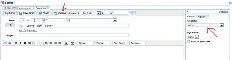 Selecting an email template from the Options menu in SuiteCRM