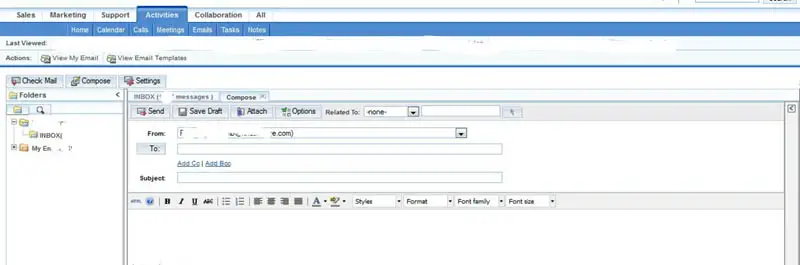 SuiteCRM Activities and Email menu steps for composing an email