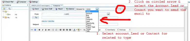 Selecting an Account, Lead, or Contact to send the email to in SuiteCRM